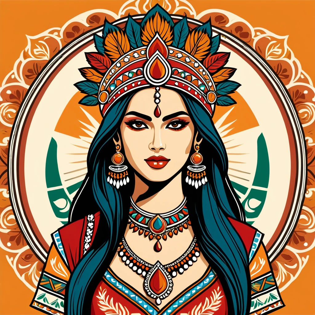 female warlord in indian folk outfit, vector graphics, strong contours, logo design
