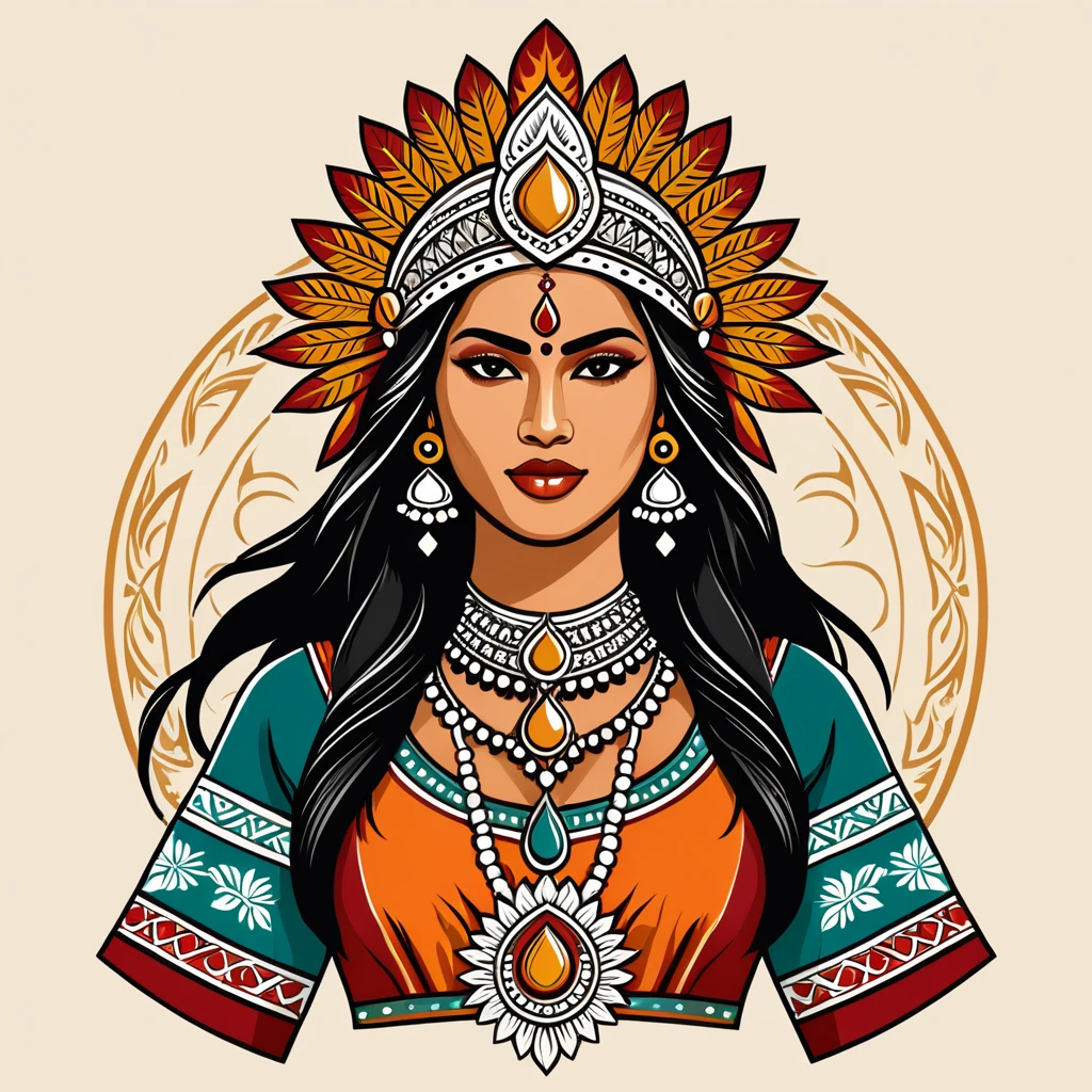 female warlord in indian folk outfit, vector graphics, strong contours, logo design

