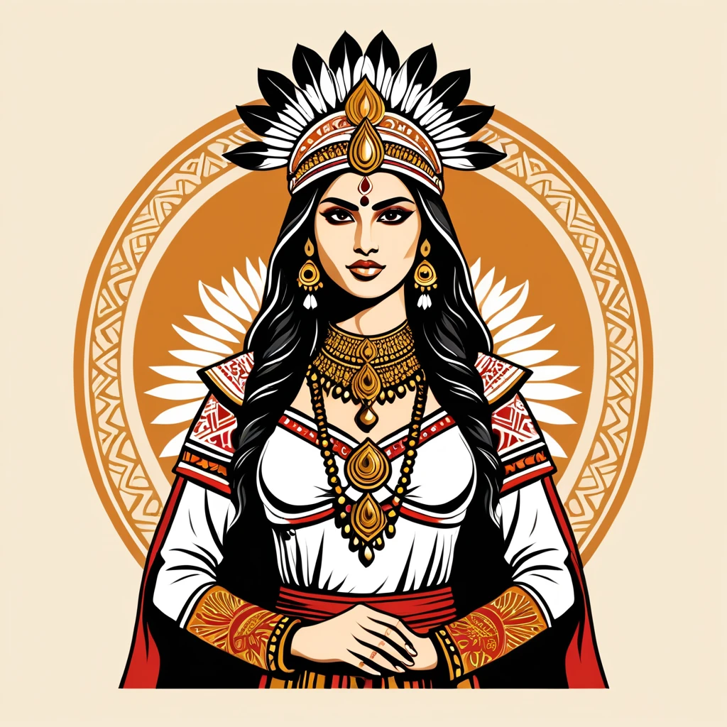 female warlord in indian folk outfit, vector graphics, strong contours, logo design