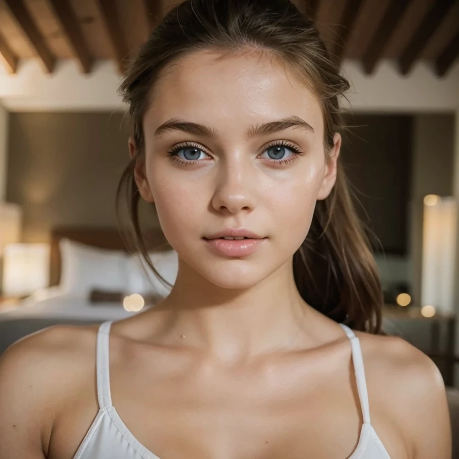 girl sitting on the edge of a bed in a hotel, bare lush breasts, light blond hair