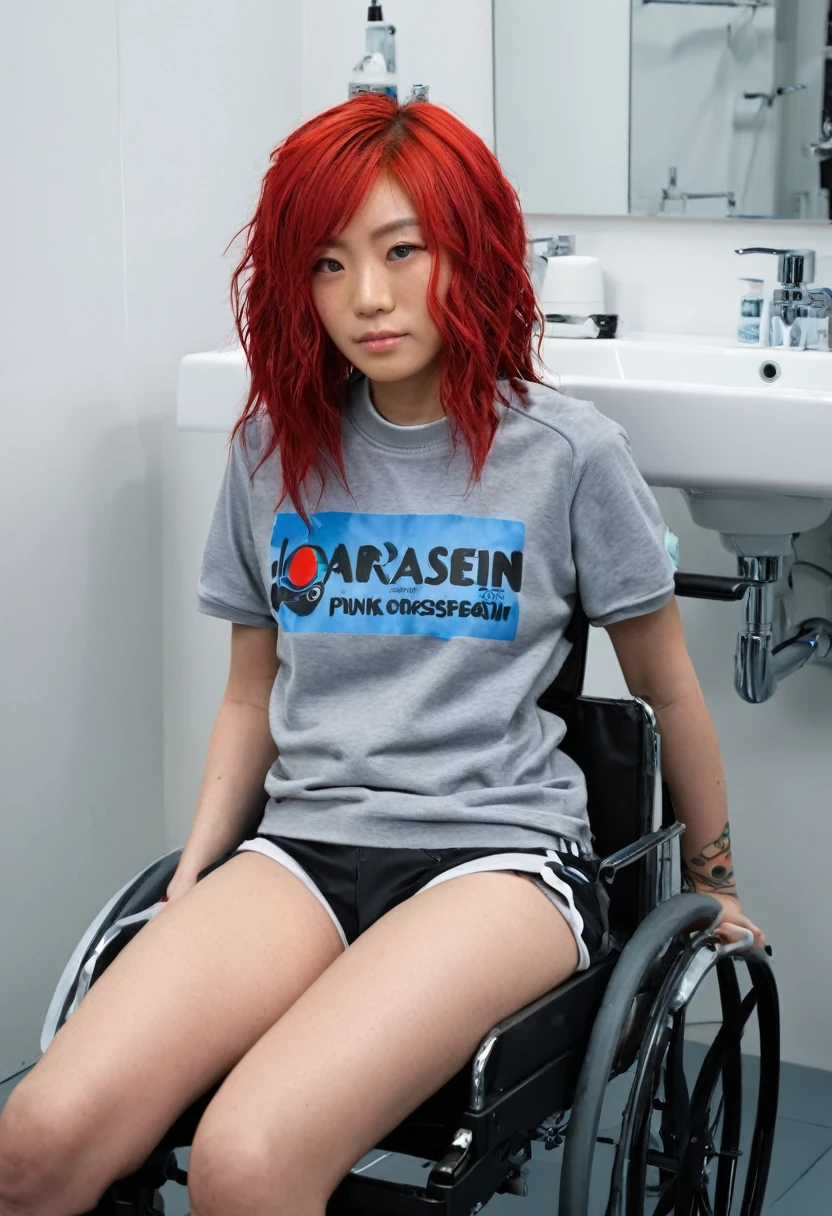 Uhd, photo of Cami, subject: Noriko, 1/2 Japanese 1/2 Hainu skinny girl in 2/00 a large wheelchair with wet long red hair and head resting on a Hairdressing Sink, shampoo foam, blue+++ eyes, oval face, LGBTQIA+, queer, punk style, wearing grey tracksuit treasures and black t-shirt, tattooes. Background: hairdressers' studio.