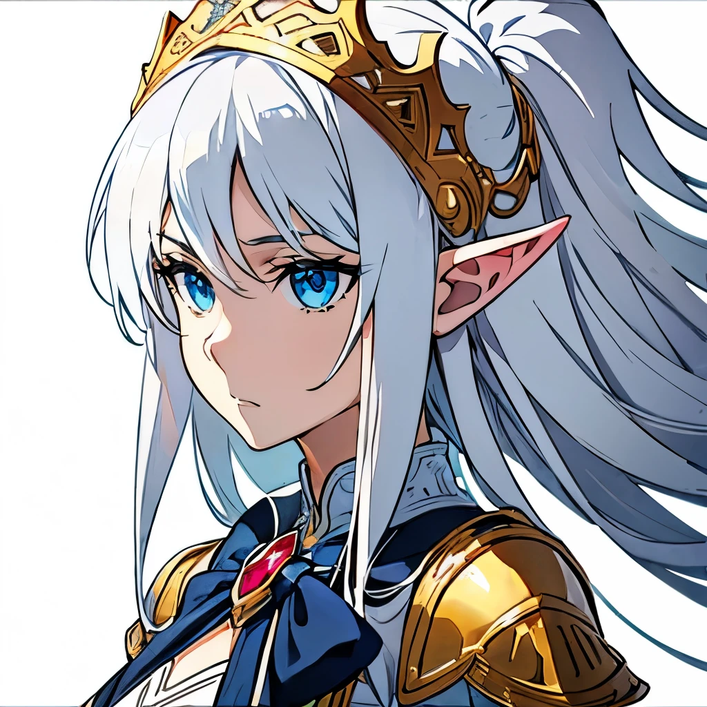 medium tits,  1girl, at school, white background, silver hair, blue eyes, emotionless, detailed face, view at camera, school unifom, upperbody, view from far, elf ears, gold crown