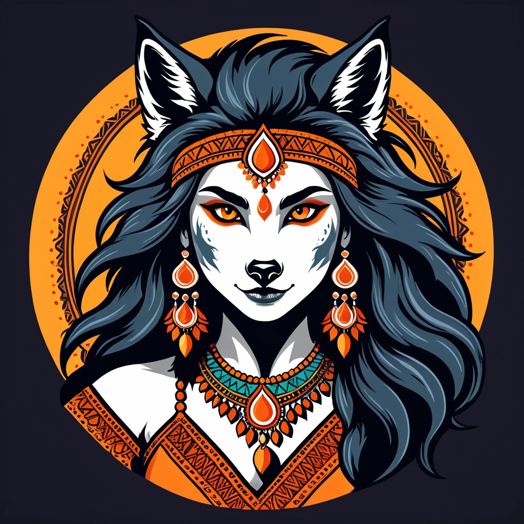 female werewolf in indian folk outfit, vector graphics, strong contours, logo design
