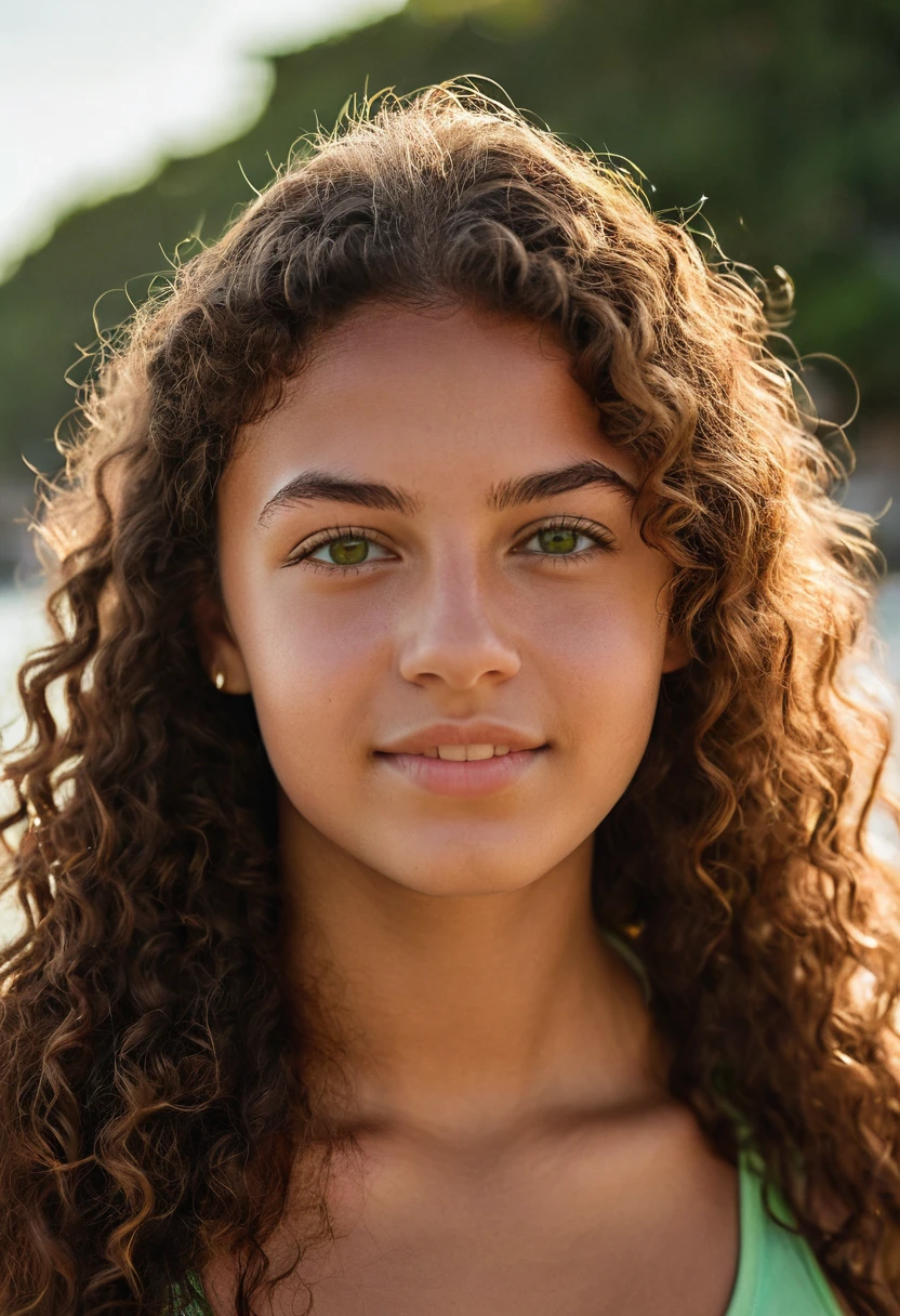 A photorealistic portrait of a 20-year-old Brazilian girl with long, curly brown hair and striking green eyes. She should have a natural, approachable expression and be illuminated by soft, golden-hour sunlight. The background should be a scenic outdoor setting, perhaps a sunlit park or beach. Capture this image with a high-resolution photograph using an 85mm lens for a flattering perspective. She have brown skin. ?????