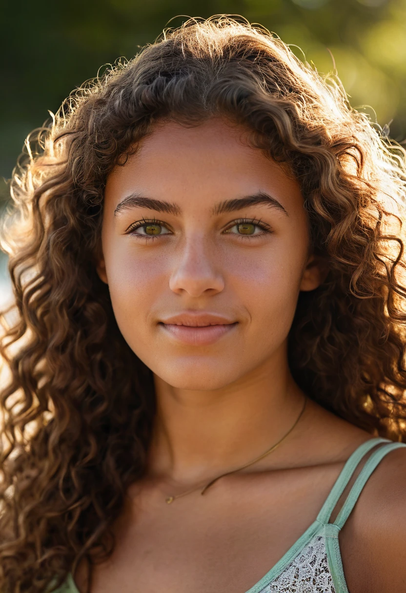 A photorealistic portrait of a 20-year-old Brazilian girl with long, curly brown hair and striking green eyes. She should have a natural, approachable expression and be illuminated by soft, golden-hour sunlight. The background should be a scenic outdoor setting, perhaps a sunlit park or beach. Capture this image with a high-resolution photograph using an 85mm lens for a flattering perspective. She have brown skin. naked