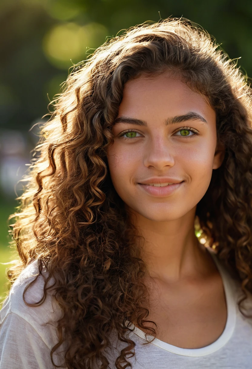 A photorealistic portrait of a 20-year-old Brazilian girl with long, curly brown hair and striking green eyes. She should have a natural, approachable expression and be illuminated by soft, golden-hour sunlight. The background should be a scenic outdoor setting, perhaps a sunlit park or beach. Capture this image with a high-resolution photograph using an 85mm lens for a flattering perspective. She have brown skin. naked