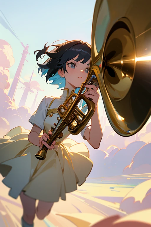 masterpiece,best quality,super detailed,super fine illustration,8k,dynamic angle,pov scene,beautiful background,anime style,a girl,short hair,dress,Break she play a trumpet.,perfect hands,perfect fingers,