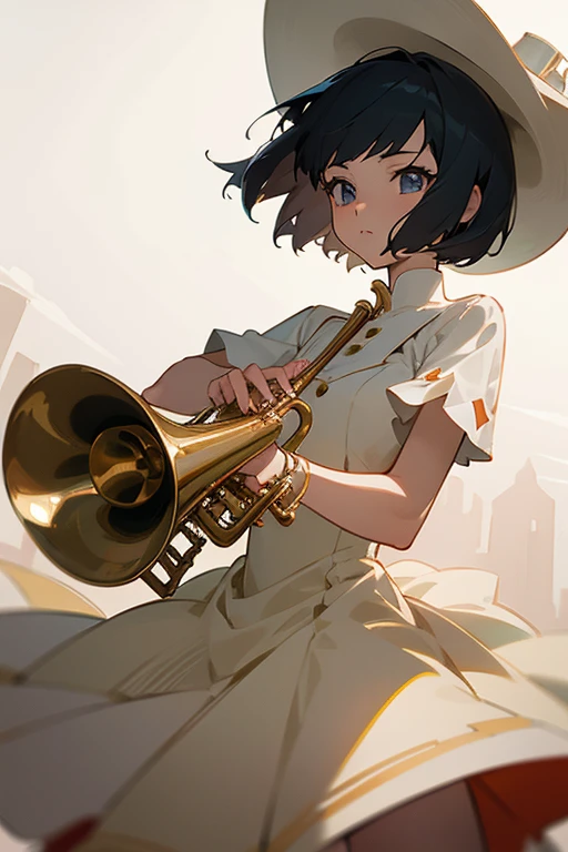 masterpiece,best quality,super detailed,super fine illustration,8k,dynamic angle,pov scene,beautiful background,anime style,a girl,short hair,dress,Break she play a trumpet.,perfect hands,perfect fingers,