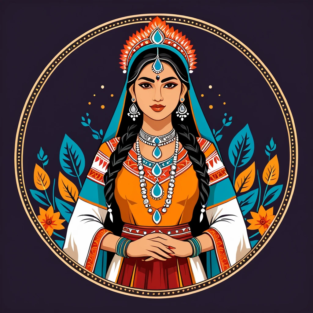 female warmage in indian folk outfit, vector graphics, strong contours, logo design
