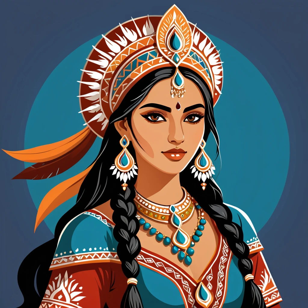 female warmage in indian folk outfit, vector graphics, strong contours, logo design