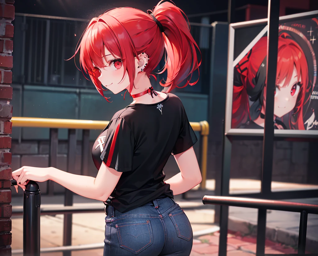 (Close-up:1.3),Realistic,Highest quality, Ultra Detail, High-quality CG rendering, The most delicate and beautiful, Floating softly, High resolution, (1 girl), (Highest quality,4K,8k,masterpiece:1.2),(All red hair:1.5), (ponytail:1.5),(Red eyes:1.5),(Slightly larger breasts:1.2), (Oversized black short sleeve t-shirt:1.3),(Black skinny jeans:1.3),(Black baseball cap:1.3),In the city,old buildings,Narrow back alley,(Turn your back to your audience:1.3),Butt,Are standing,smile,(Piercing in left ear:1.3),(Pitch black choker:1.5)