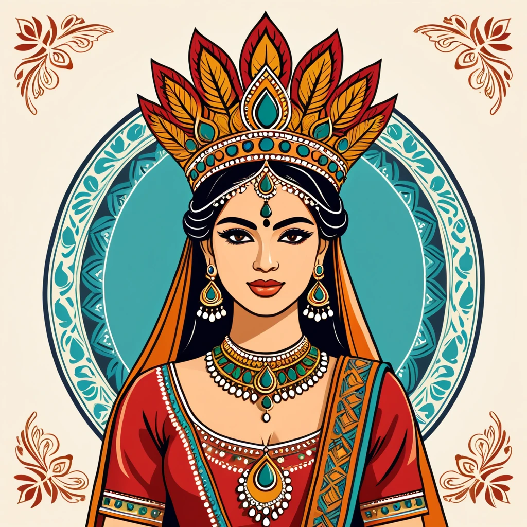 female queen in indian folk outfit, vector graphics, strong contours, logo design
