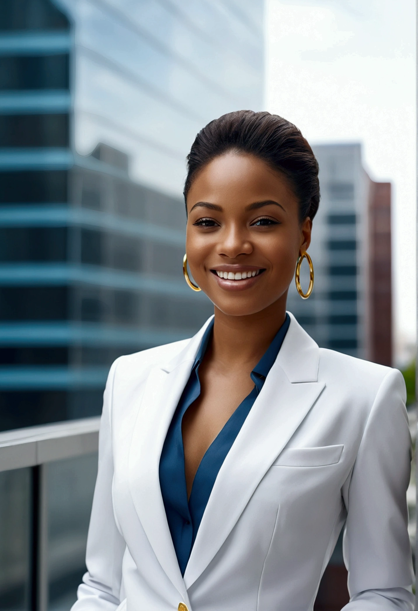Ultra-realistic image of a smiling black woman in a white suit and gold hoop earrings walking down in her shining office, a beautiful city black woman only, girl in a suit, the woman in a business suit, girl in a suit, wearing a white suit, young businesswoman, ultra-realist, photo of a black woman, wearing a futuristic white suit, Meticulously portrait wearing a business suit, wearing a business suit, businesswoman, looking straight at camera outdoors business portrait, wearing a light blue suit