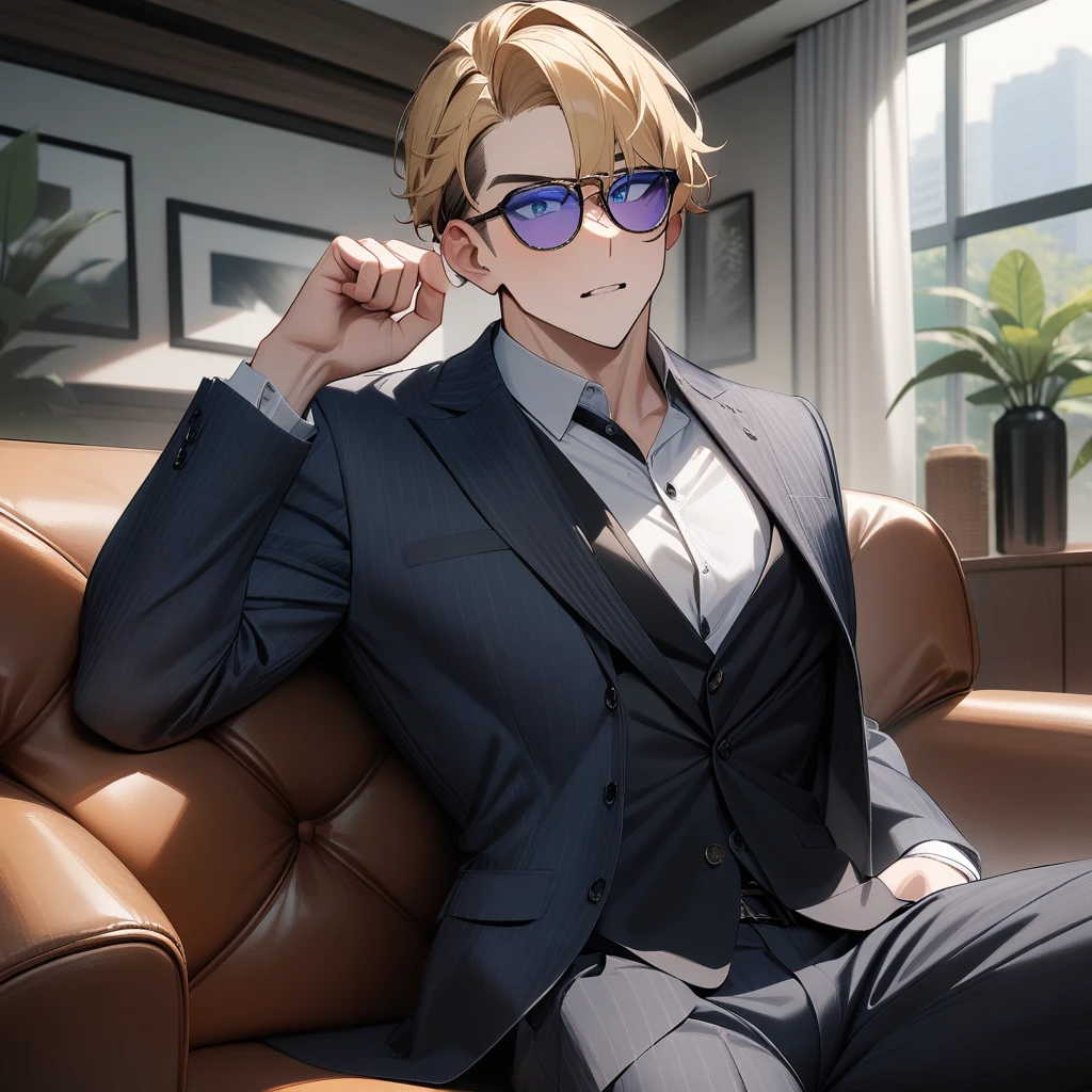 1boy, atractive,suit,brown and blonde hair,sunglasses,blue eyes,livingroom,cool,masterpiece,very aesthetic,newest,sensitive