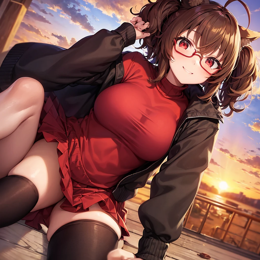 A girl who is kind to otakus, One Girl, Light brown short hair with outward curls, Big Breasts, Mischievous Smile, Red Eyes, Animal Ears, Red Glasses, Winter clothes, Black inner shirt, Black and red outer jacket, Black Skirt, Black knee-high socks, Free Pose, Under the sunset sky
