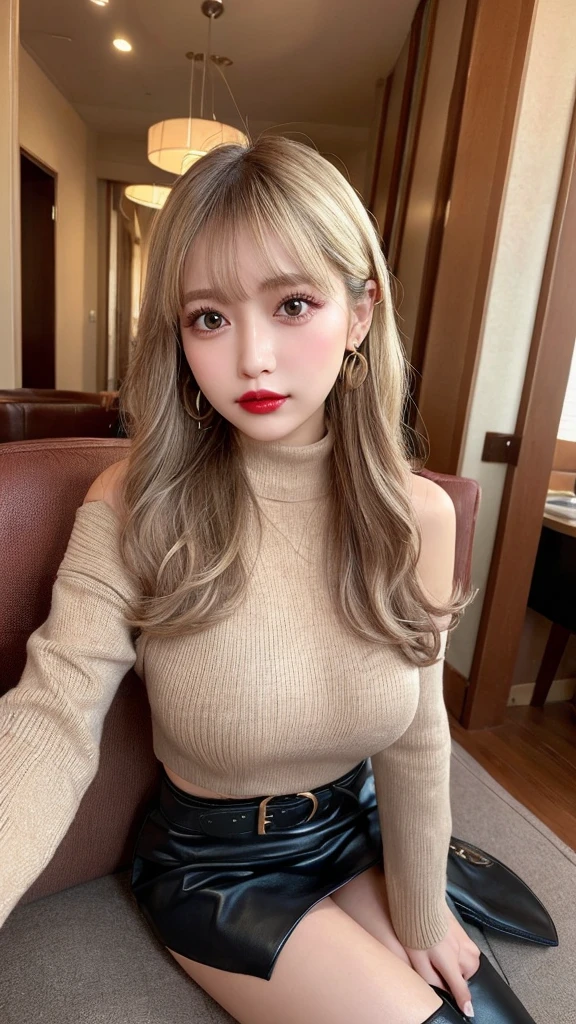 nsfw,(breast squeeze:1.3)、High resolution、blondeヘア、girl、Light Hair Color、sexy、blonde、Thin legs、Beautiful eyelashes、High resolution、Zoom out、20-year-old、 Wide viewing angles、Highest quality、Very detailed、Finer details、High resolution、8k wallpaper、Beautiful eyes in every detail、Natural lip color、Off-the-shoulder sweater、leather skirt、mini skirt、thigh-high boots、Long Hair、wave hair、Hotel、Cute Face、belt、Small face、whole body、looking at the camera、Earrings