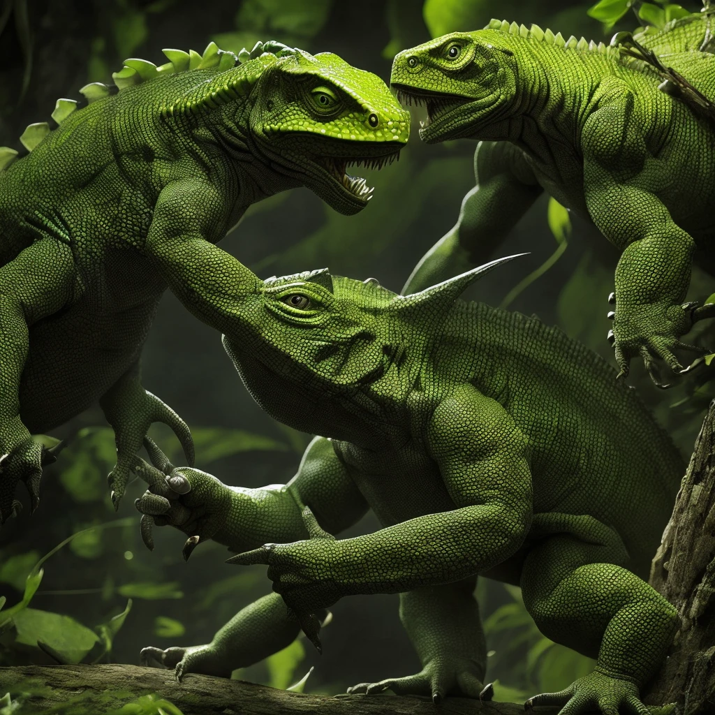 2 feet tall, with well-defined muscles, with a large black tattoo on his chest with the claw symbol, Skinned/dark green scales, blooming yellow eyes, he fights with his bare hands, is a large reptilian troglodyte, literally a humanoid lizard.