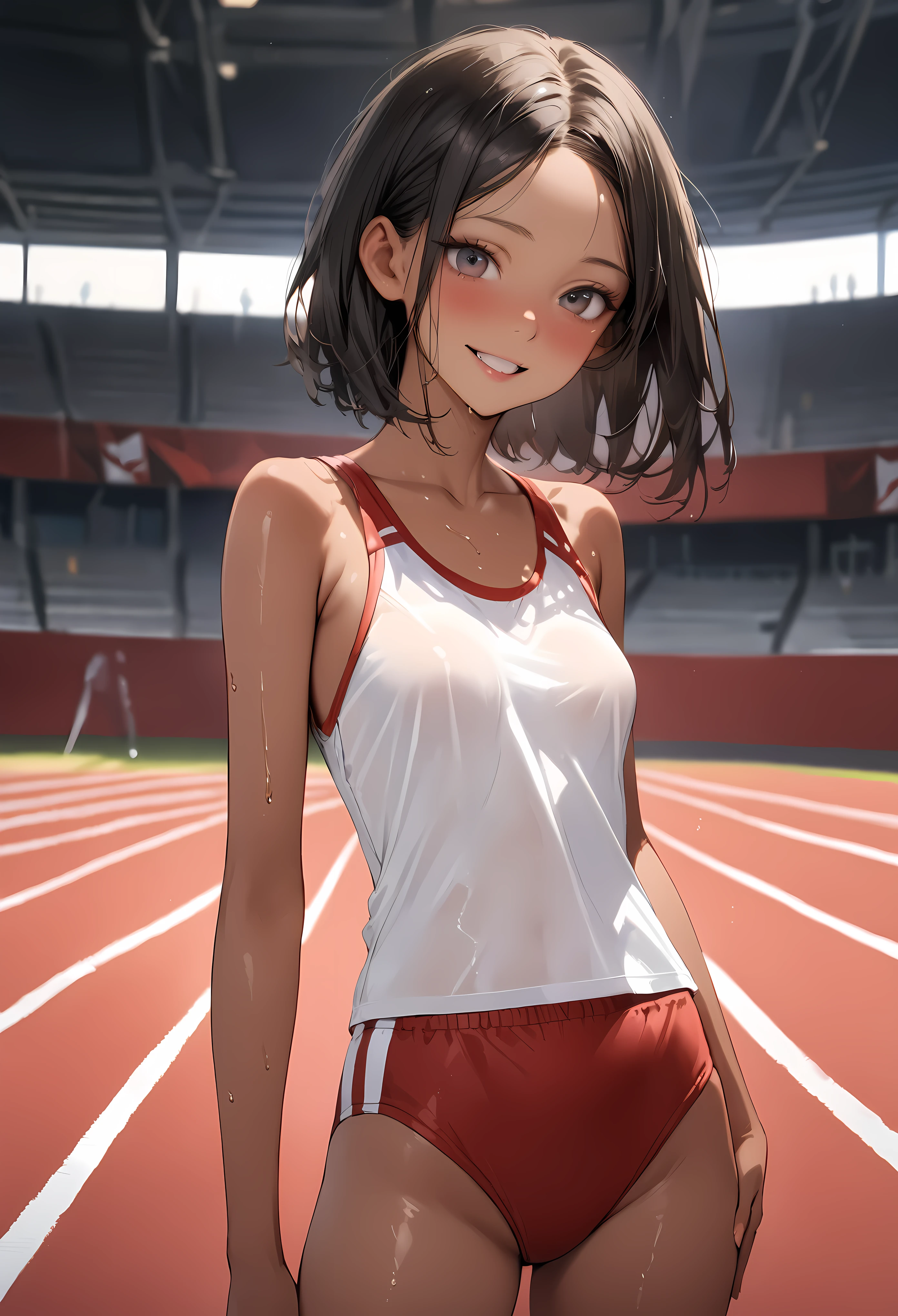 ((masterpiece,Highest quality:1.3,best quality illustration)),((realistic:1.2)),cowboy shot,solo,1woman,18 year old beauty、black hair,short bob hair,(center parted bangs),black eyes,(gorgeous big eyes),((very small head:1.4)),smile,((slender body:1.2,skinny)),(tan skin:1.4),small breasts,(White tank top、school gym red buruma),gleaming skin,oily skin,slender body,sweat,standing,Athletics Stadium、Tokyo、