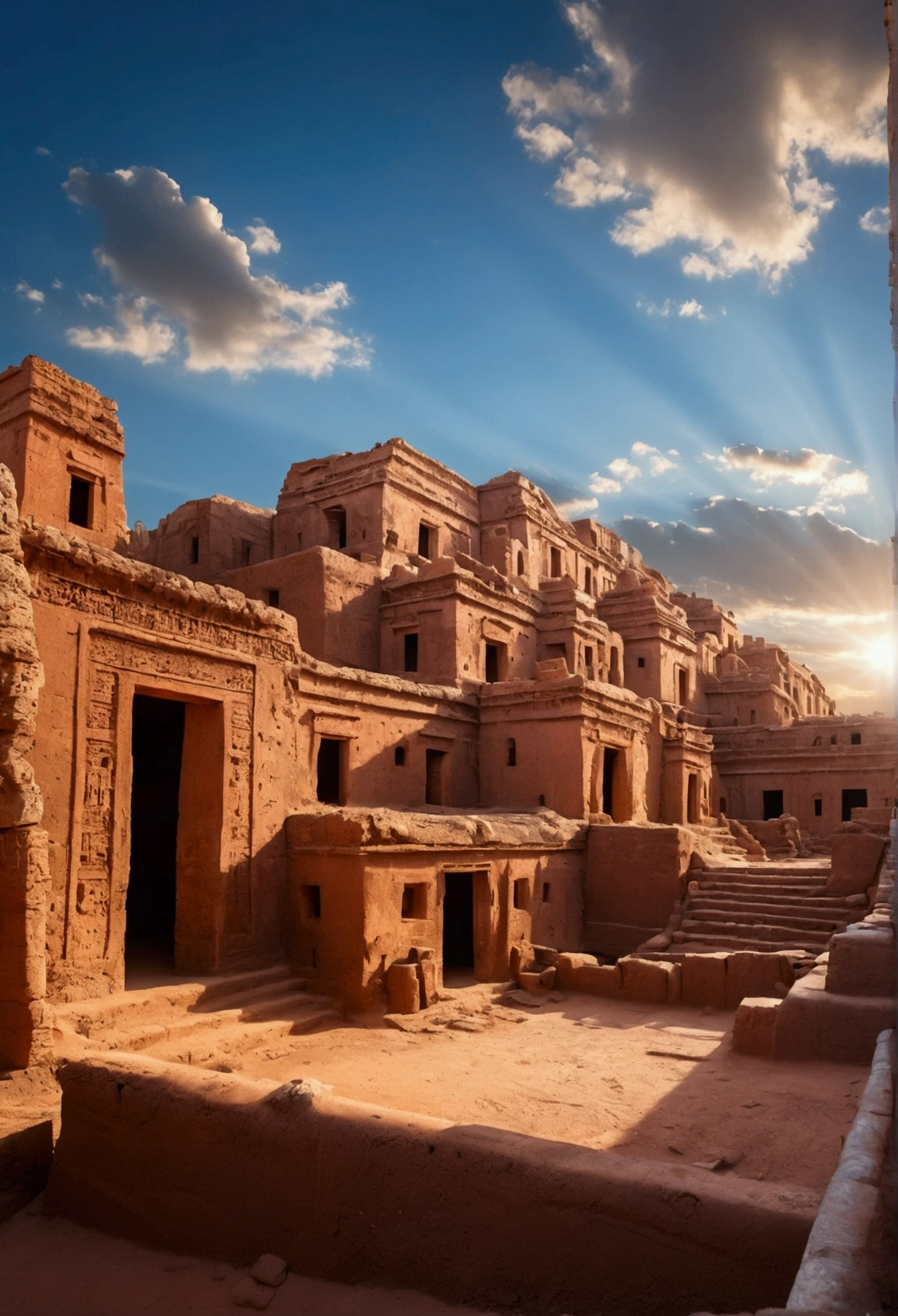 Radiant light coming out of blue skies , illuminating the entire vast ancient clay city.
