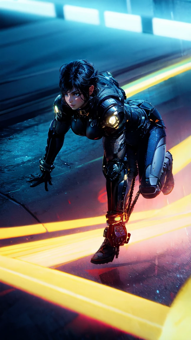 8K, Raw photo, highest quality, masterpiece, Very Long Shot, aerial view, cinematic lighting,| female cyborg with exposed mechanical parts, dynamic shooting poses to showcase her agility as she moves through the futuristic landscape, breaking off the heavens

