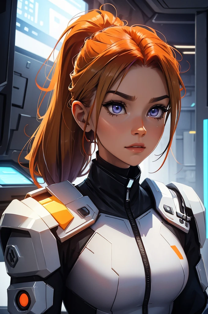 black and gold, ponytail hair, no-helmet, red hair, ginger, mature girl, super beautiful, super blue and orange, purple., fiery red, red hair, portrait, light vintage blonde color hair, scientist character, female, super strong, female, blonde and silver clothing, cyberpunk female, short blonde hair, portrait, close-up, in a spaceship hangar, a female in a sci-fi jumpsuit with led lights making shapes, she has short light green hair, purple eyes, silver clothing.