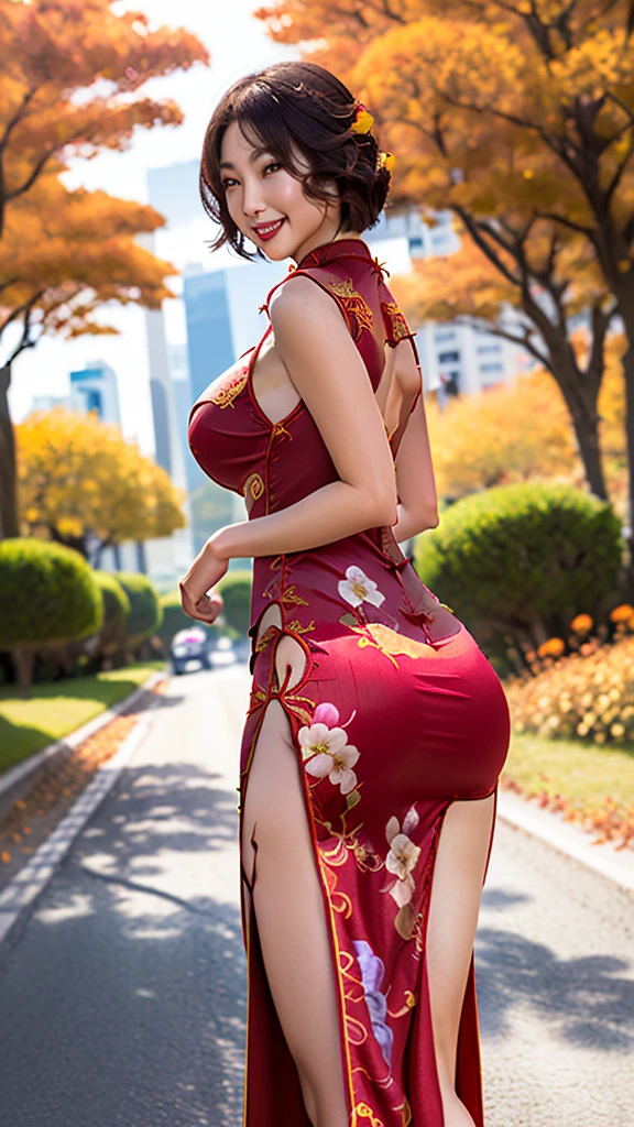 (8k、Ultra-high resolution、Ultra-high resolution、Ultra HD、Ultra-realistic、Highest quality、Masseter muscle area:1.2)(Quite large breasts、Quite large breastsの谷間、Tight ass:1.3)(Red floral cheongsam、Quite a large slit、Quite large breasts、Cheongsam fluttering in the wind:1.8)(Adult women、Black short bob:1.15)High heels、Smile happily(Tree-lined avenue in autumn:1.18)、Thick legs、Big Ass
