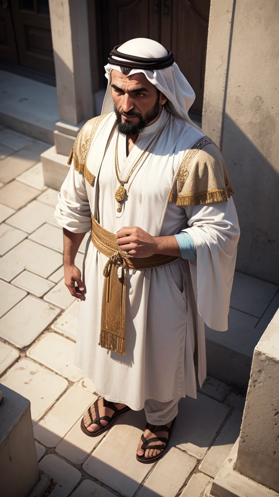 An arabic man with shabby white clothes. Preaching in front of others people. The people listening to him. The image taken from above.