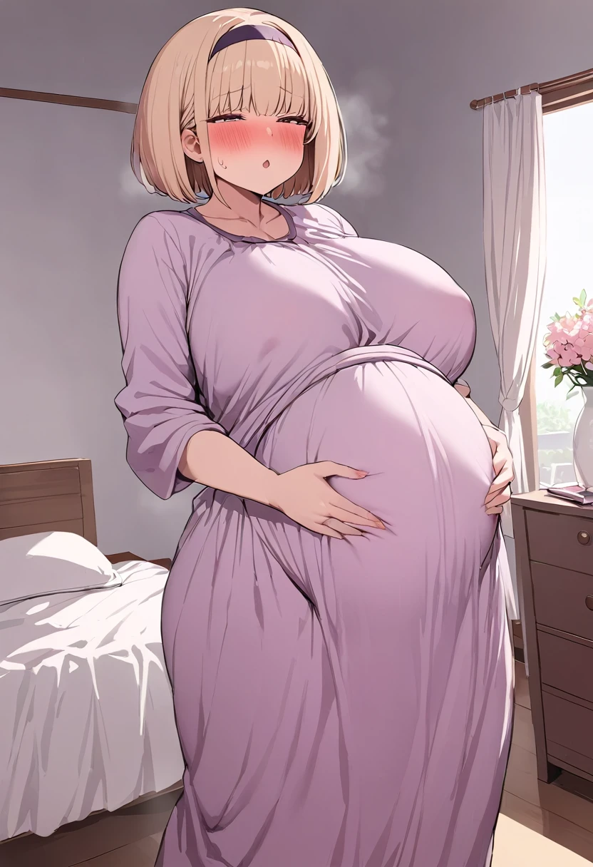 masterpiece,of the highest quality,cheered up,A girl,blush, chisato nishikigi, bob cut, hair band、bedroom、, blush、big breasts、huge breasts 、During pregnancy、Pregnant women:1.5、huge pregnant belly:2.5、half closed eyes、They are standing、long dress