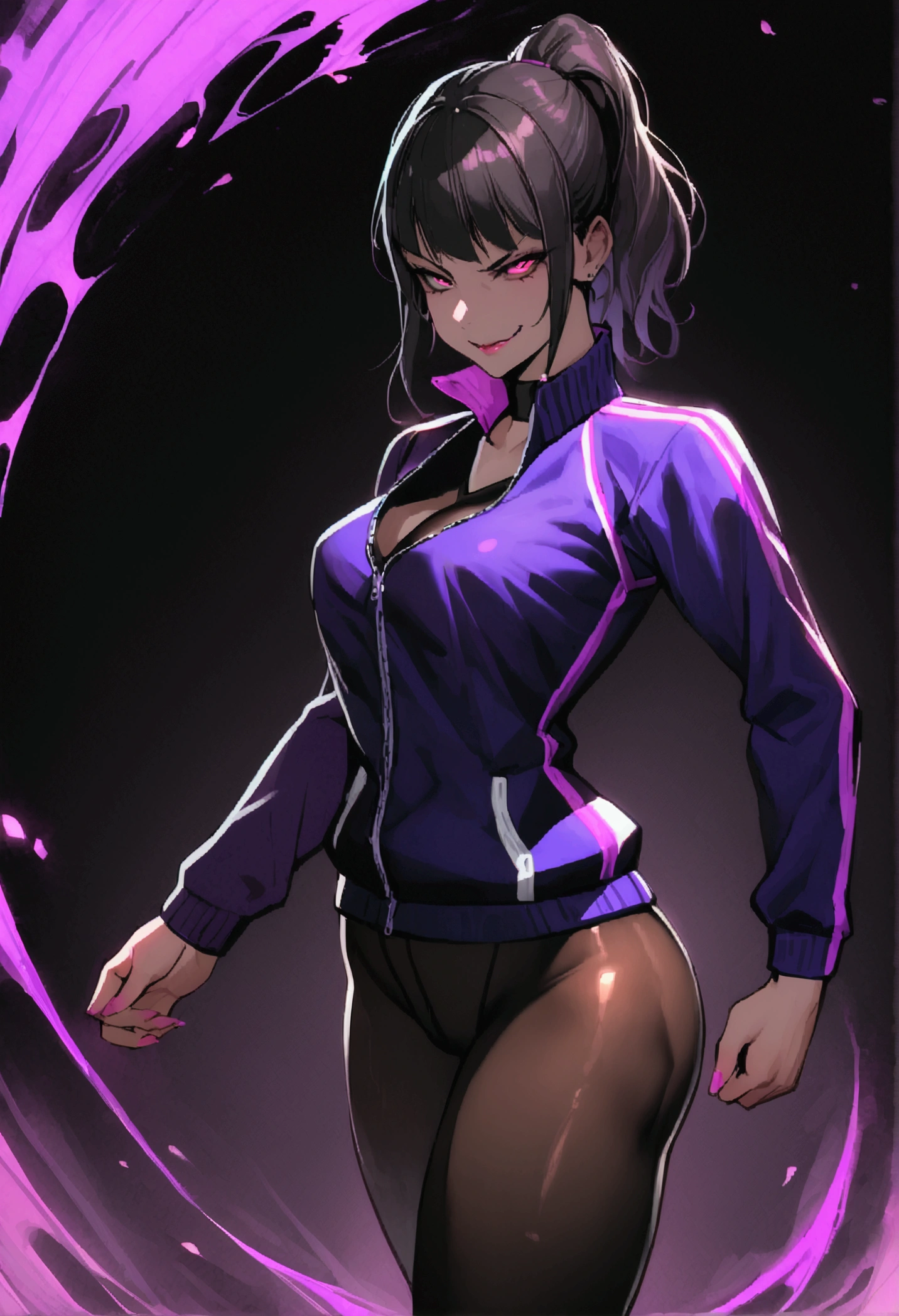 juri han beautiful young fitness com , in a gym wearing May with black pantyhose, tight white and purple gym jacket. standing alone,Beautiful Tits, low lighting,evil smile ,legging preto