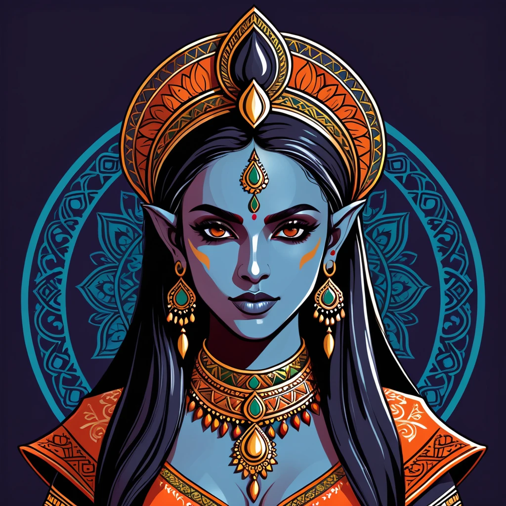 female dark elf in indian folk outfit, vector graphics, strong contours, logo design