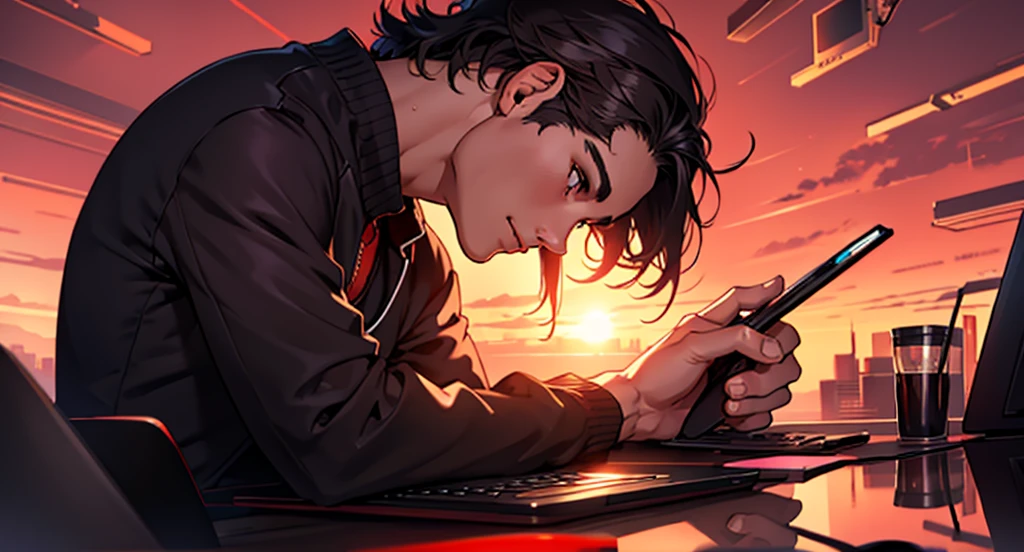 Pensive man looking at computer screen, bitcoin coins floating, background crimson sky 