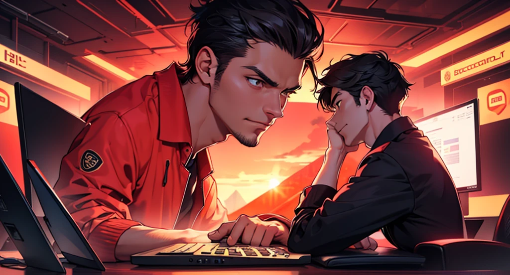 Pensive man looking at computer screen, bitcoin coins floating, background crimson sky 