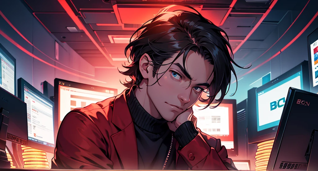 Pensive man looking at computer screen, bitcoin coins floating, background crimson sky