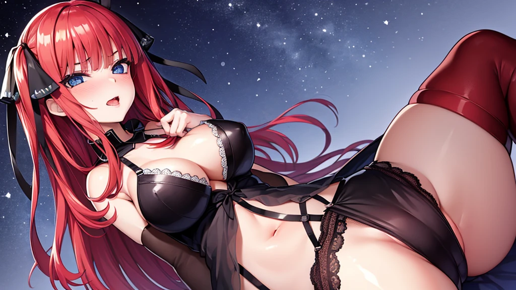 Highest quality, masterpiece , wallpaper, beautiful girl, Highly detailed eyes and face, Beautiful attention to detail, Blue Eyes , Beautiful dark red hair ,crisp finger, clear background, deep night, 20-year-old , Large Breasts、Nipples , Hairstyle Two Side Up , Mole on cheek , Ahegao , Ecstasy face , Fatty face , Sticking out tongue , Drooling from the mouth , Nakano Nino , Lots of sweat . sexy pose , Costume Bra , open vagina by two finger , garter belt , Pose to invite men