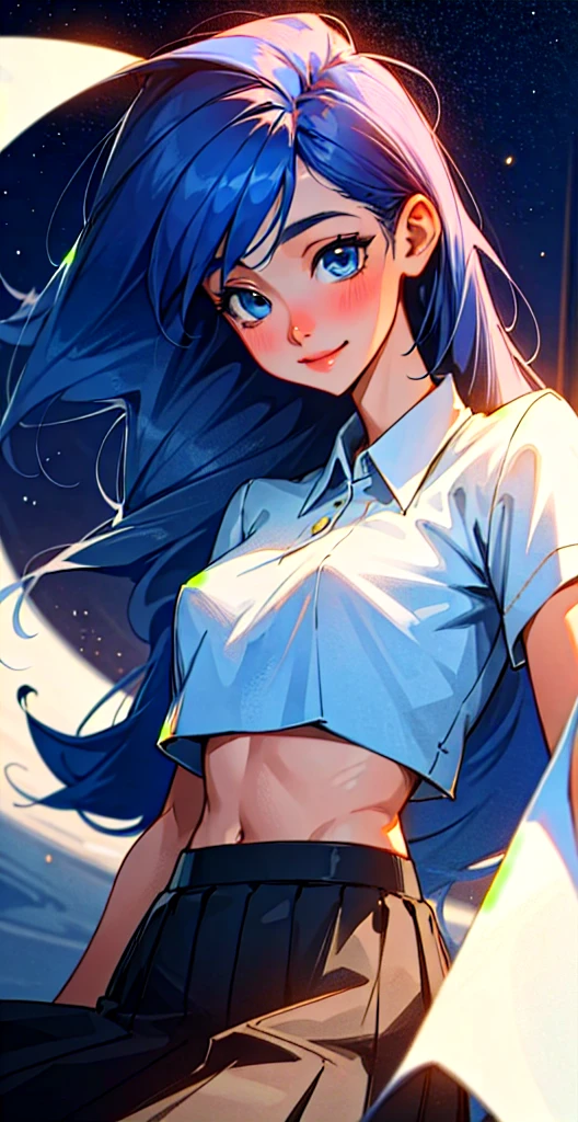 masterpiece, best quality, gorgeous pale american cute girl, smiling, (crop top), blue hair, straight hair, perfectly symmetrical face, detailed skin, elegant, alluring, attractive, amazing photograph, breathtaking, atmospheric perspective, diffusion, pore correlation, skin imperfections, DSLR, 80mm Sigma f2, depth of field, intricate natural lighting, looking at camеra, very long hair, Samantha, night, stars, blue eyes, shirt, skirt 