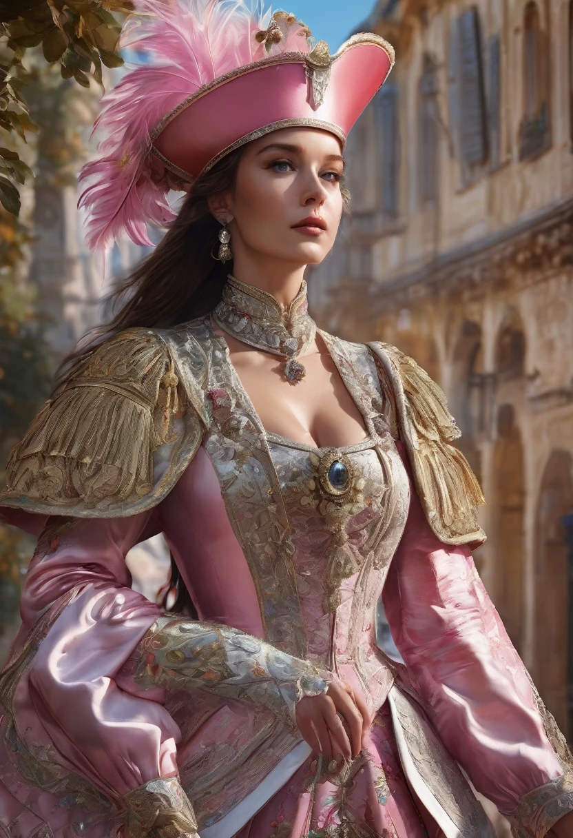 image of an elegant hussar with a kiver on his head and in a ceremonial uniform, next to him stands a beautiful lady in a silk dress with a deep neckline and a pink hat with a feather, masterpiece, best quality, (extremely detailed CG unity 8k wallpaper), (best quality), (best illustration), (best shadow), absurd, realistic lighting, (Abyss), beautiful detailed glow, art by Frédéric Soulacroix, by Peter Mohr Bacher,