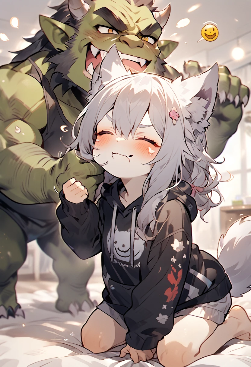 Being touched on the chin,Squinting,Kneeling on the bed,Black sweatshirt,Gray hair,Smiley Face,Wagging the Tail,Wolf Orc