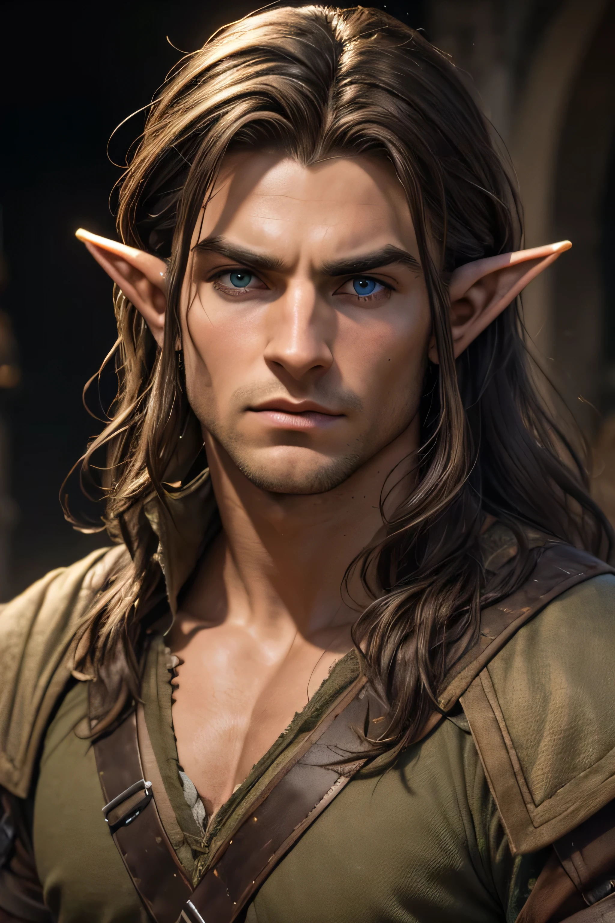 (8K, high definition, high quality, highly detailed) Handsome half- elf. young. masculine. square jaw. hunter eyes. squinted eyes. dark hair. headshot. wearing middle-earth tunic. looking away from the camera. dramatic lighting.