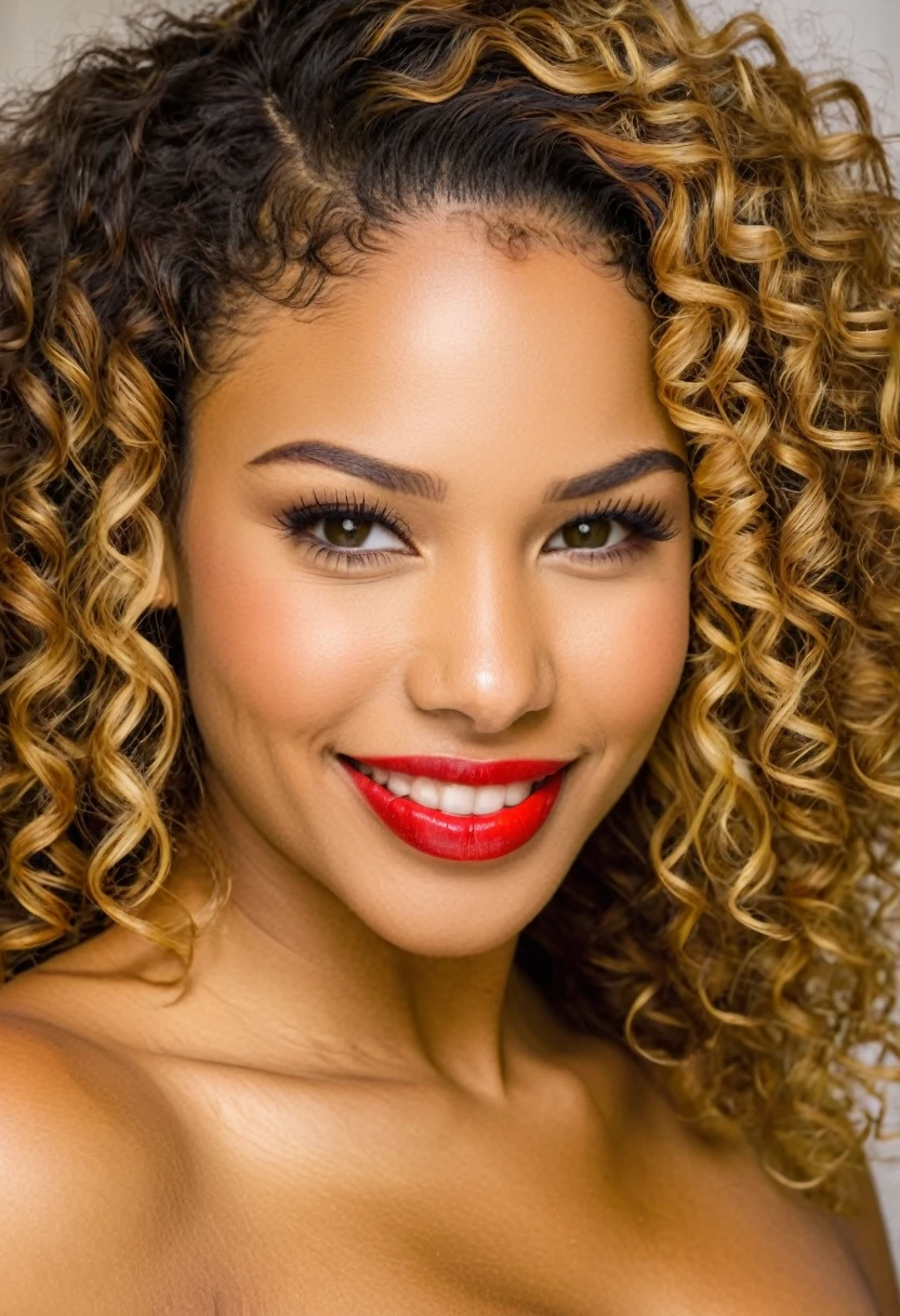 A very beautiful very gorgeous,Afro-Latina Puerto Rican, Dominican, Very Sexy and alluring Seductive smile, dimples, full lips, green hazel eyes, golden brown skin, long with curly brown hair with blond highlights, bright red lipstick, cat eye and very long eyelashes, golden brown skin, voluptuous woman hyper detailed photography, soft light, head and shoulders portrait, cover