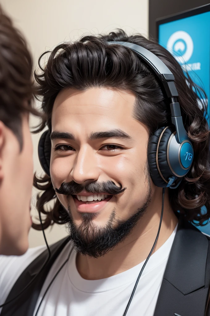 An anime-style character with shoulder-length curly hair, with mustache and goatee, thin face big nose, with a headset and smiling