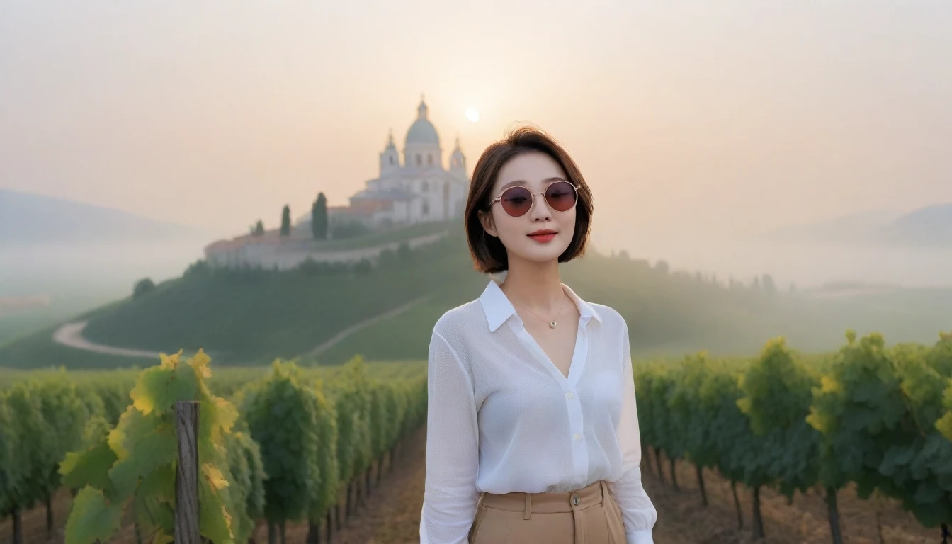 8k realistic, lifelike photo,, 36 year old Korean woman, Short in stature, pretty like a model. White shirt and short cardigan, casual pants, short medium hair, Smiley, Italy. vineyard, thick dawn fog. vineyard 멀리 짙은 안개 속으로 I can see the cathedral. 1 woman, Short in stature, Excellent picture quality, The morning fog is thick, The picture quality is alive. Looking up the side, thick-rimmed sunglasses, sunrise red light, Wide angle lens full body shot, I can see the cathedral