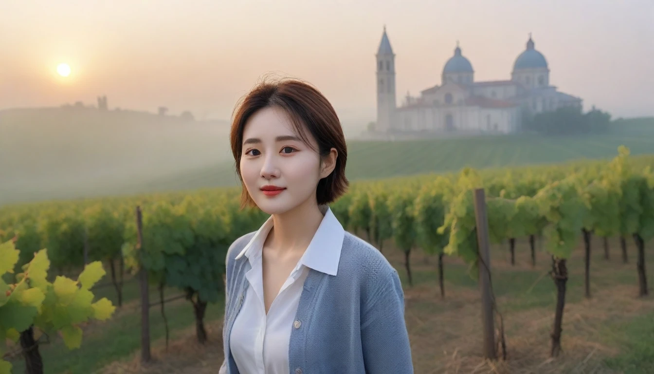 8k realistic, lifelike photo,, 36 year old Korean woman, Short in stature, pretty like a model. White shirt and short cardigan, casual pants, short medium hair, Smiley, Italy. vineyard, thick dawn fog. vineyard 멀리 짙은 안개 속으로 I can see the cathedral. 1 woman, Short in stature, Excellent picture quality, The morning fog is thick, The picture quality is alive. Looking up the side, thick-rimmed sunglasses, sunrise red light, Wide angle lens full body shot, I can see the cathedral