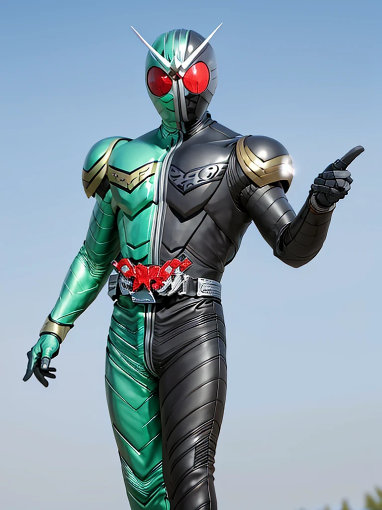 Kamen rider double with final form changes, with green and black aura while posing pointing at the camera, hd, 4k, cg