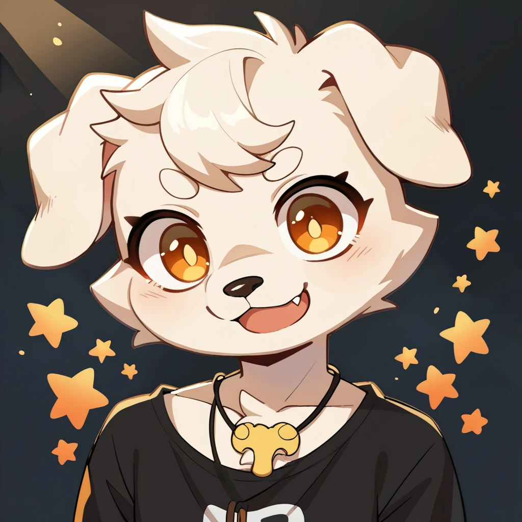 (dog), anthropomorphic white dog, alone, (Black spot around left eye), (white curly fur), (neck), (perfect amber eyes: 1.4), (Artist:Takemoto Arashi), twitch, young face, black shirt, clear facial details, exposed chest, flash, fang, full length portrait, long eyelashes, dog necklace, side of character, ((show upper body)), ((Bust)), smile, teenager, tonalism , Head out of frame, outer edge, Tachi-E, high details