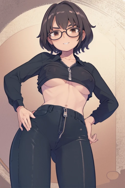Plump, bottom heavy latina girl with glasses with very teen breasts, with tousled brown tousled short hair, Brown eyes, glasses with lenses, expressive look, mischievous grin, short stature, short tight torso, rounded hips, separated thighs, black unbuttoned shirt(erect nipples under shirt fabric), stylish black trousers with an unzipped fly( pubic hair is visible). I don't wear panties because I don't want to, I don't wear a bra because I don't want to, She's a sarcastic girl with a lot of confidence, she's cartoonish and moving, she is sweet and loving, but can also be angry and unpleasant. She has A-cup breasts, and a big belt.