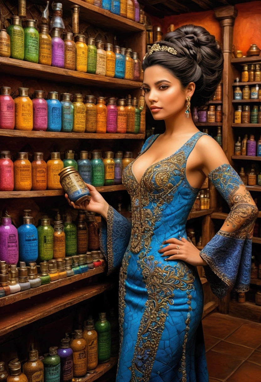 beautiful latina women in detailed dress at cozy detailed potions shop, air above hair, IPA award wining, masterpiece, made with professional high quality camera, intense contrast, (detailed painting matrix:1.5), perfect colors, perfect setup,