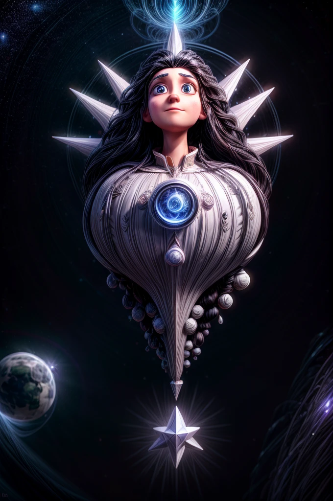 divine symbol, a white man with long black hair, orbiting in a spiritual dimension, geometric symbols and shapes in space, cinematic lighting, intricate details, surreal, highly detailed, photorealistic, 8k, digital art