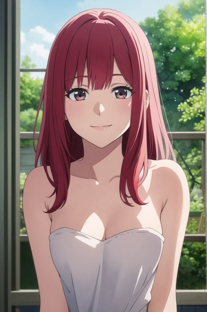 masterpiece, best quality, movie still, 1girl solo, female focus, looking at viewer, smiling, upper body, depth of field, (watercolor illustration, soft pastel colors:1.1), realistic, red hair, white eyes, naked, perky breasts