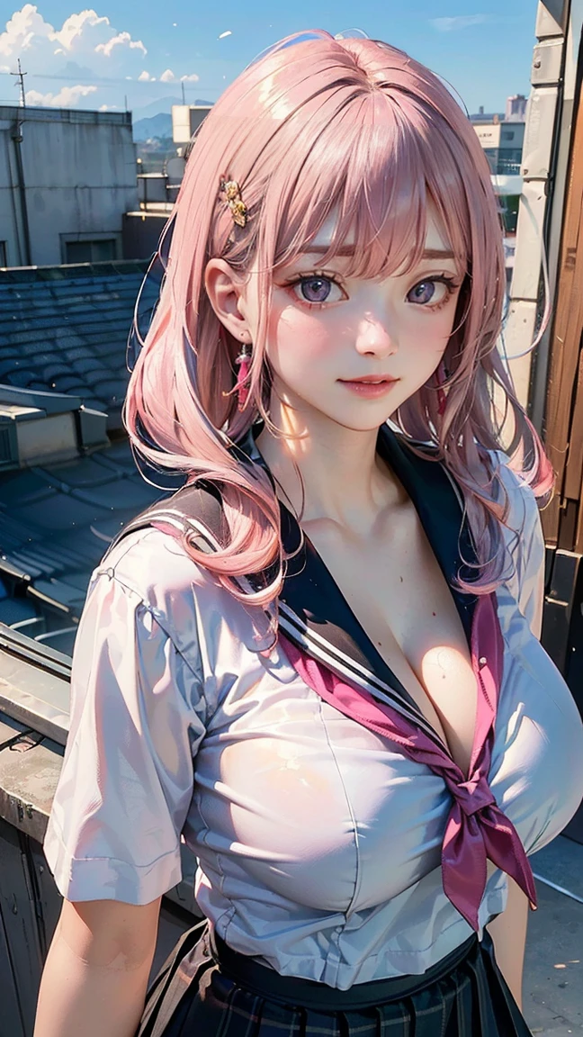 ((Highest quality, 8k, masterpiece :1.3)), (Sharp focus :1.2, Beautiful woman with perfect figure :1.4, Slim Abs), ((Big Breasts, Emphasize cleavage:1.2)), (Photorealistic:1.4), (realistic:1.4), (Pink Hair:1.5), Highly detailed face and skin texture, Fine grain, double eyelid. Makeup face, A little bit of lipstick, sex appeal, Sexy gravure pose, ((A high school girl wearing a gray checked sailor suit and a black pleated skirt。The background is the rooftop of the school building.、The blue sky is spreading。She leaned against the rooftop fence.、Smiling in a sexy pose。Simple hairpins and earrings are the accessories.。 1.3)