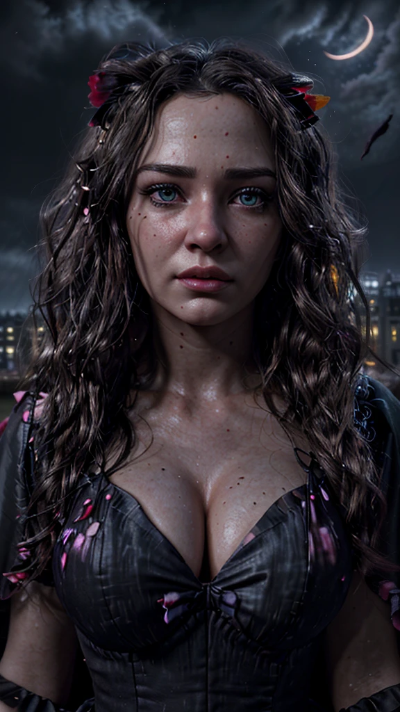 masterpiece, best quality,, sexy women, (colorful),(finely detailed beautiful eyes and detailed face),cinematic lighting,bust shot,extremely detailed CG unity 8k wallpaper,wavy hair,solo,angry face,red dress,((flying petal)), sky, cloudy_sky, building, moonlight, moon, night, (dark theme:1.3), light, fantasy,oil painting,